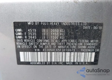 2015 Subaru Legacy 2.5I Premium из США, поврежденный, VIN 4S3BNAC65F3070679